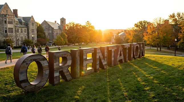 Large Orientation Sign on University Campus at Sunset.