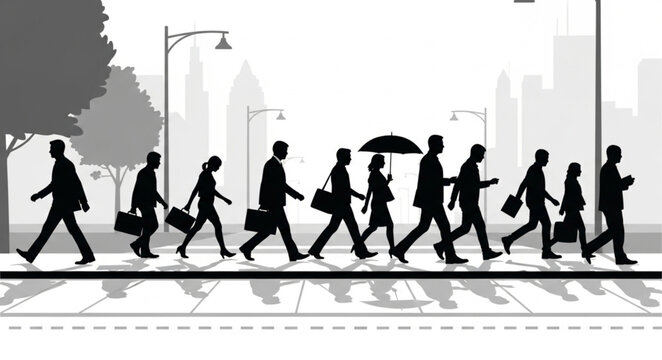 Silhouettes of people walking across a city street crosswalk.