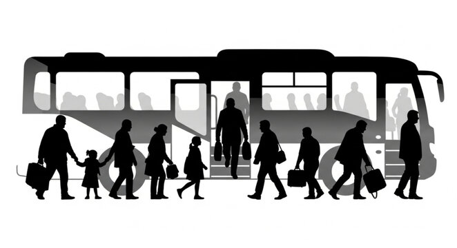 Silhouettes of people boarding and disembarking a bus.