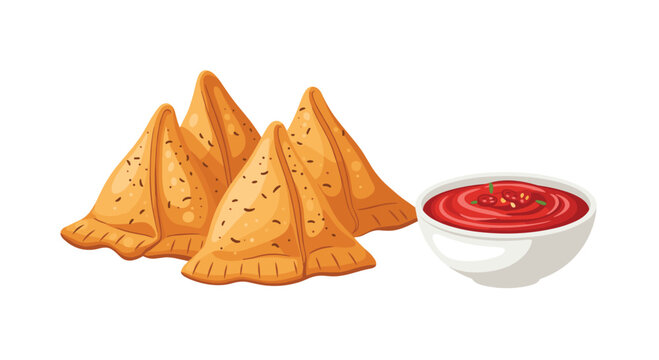 Four crispy golden samosas are piled together next to a white bowl filled with spicy red tomato chutney containing visible chili seeds and fresh herbs.