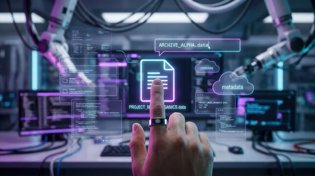 Futuristic digital interface with hand interacting, data file, metadata clouds, robotic arms, and computer screens in high tech workspace environment
