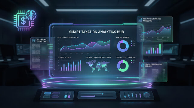 Smart taxation analytics hub with real time revenue flow, AI audit alerts, global compliance heatmap, digital asset taxation, and secure blockchain ledger for futuristic financial analysis