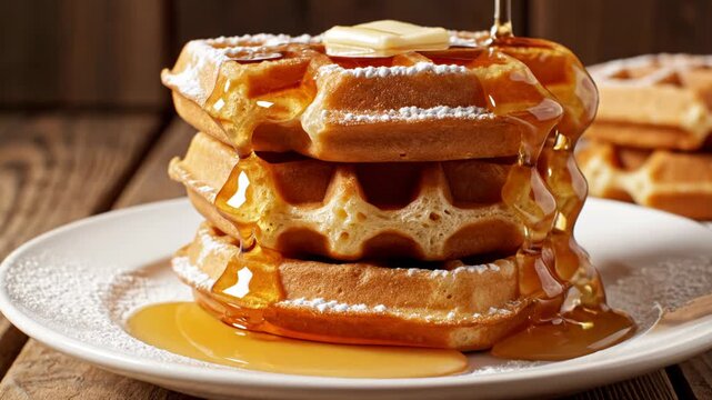 Maple syrup pouring over stack of Belgian waffles with butter