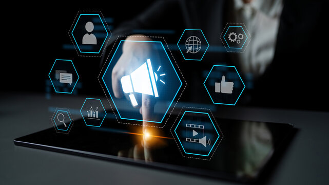 Digital marketing promotion strategy using megaphone, social media marketing, digital ads video content, communication, analytics, and global branding advertisement for business outreach Latch