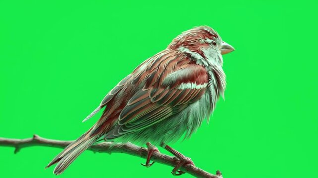 A detailed closeup of a small sparrow perched on a thin tree branch against a solid green screen background