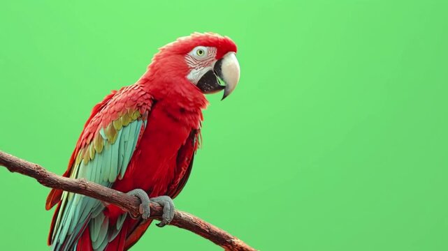 Scarlet macaw parrot perched on a branch against a solid green screen background