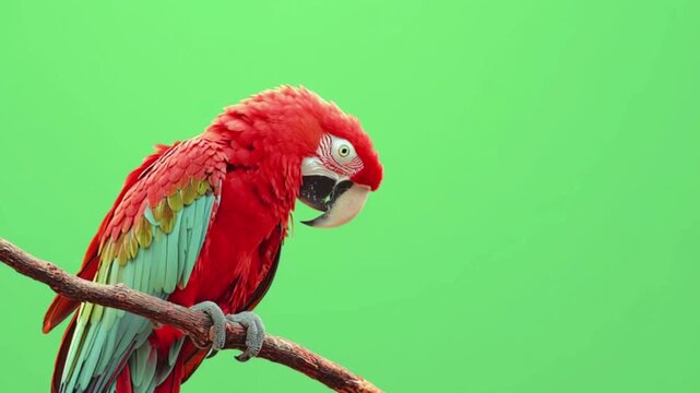 Scarlet macaw parrot perched on a branch against a solid green screen background