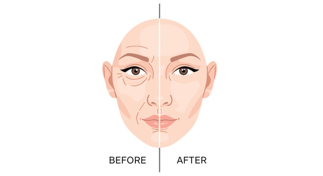 A detailed split-screen view of a female face demonstrates the visible results of anti-aging treatments by contrasting wrinkled skin with smooth and rejuvenated skin.