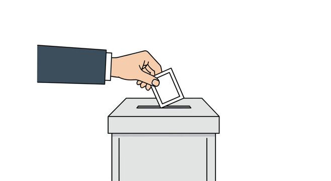 A hand wearing a dark blue suit sleeve carefully inserts a white ballot paper into the slot of a grey voting box against a clean white background.