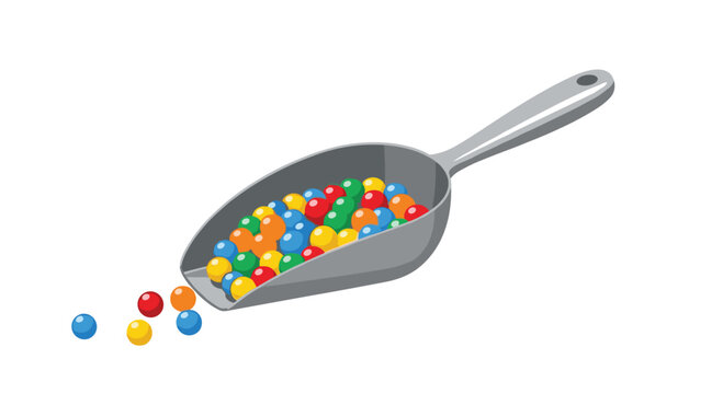 A polished grey metal candy scoop holds a vibrant assortment of multicolored round gumballs against a pristine and minimalist white studio background.