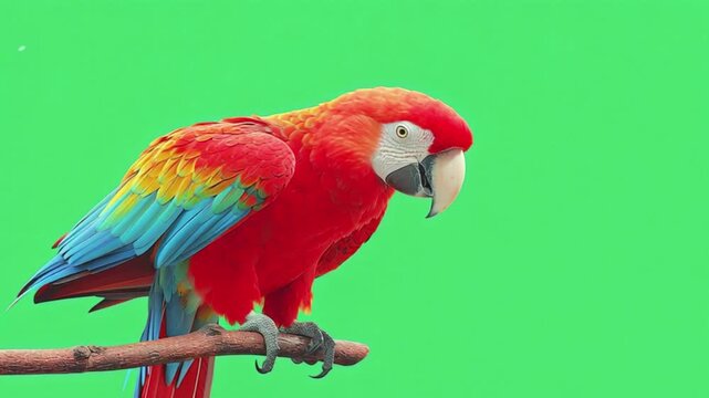 Scarlet macaw parrot perched on a branch against a solid green screen background