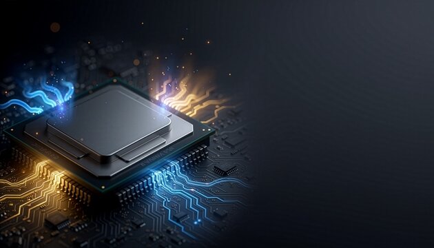 Abstract AI accelerator chip architecture with glowing neural data flow and large copy space