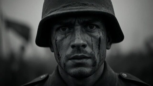 Extreme close-up of a soldier's face with mud streaks. Intense expression of a military man in a helmet. World War I and World War II historical portrait