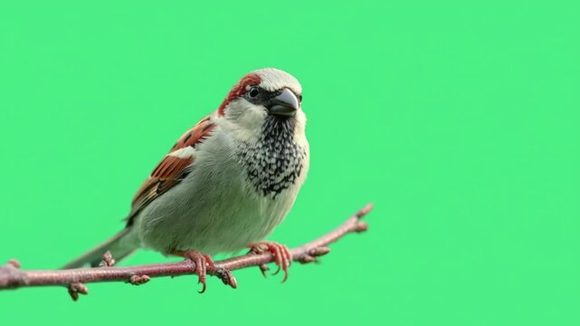 Male house sparrow perched on a branch against a solid green screen background