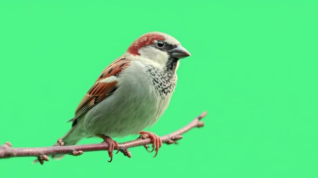 Male house sparrow perched on a budding tree branch against a solid green screen background
