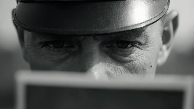 Extreme close-up of a soldier opening his eyes to look at a photo. Military man in cap reflecting on memories. World War history concept