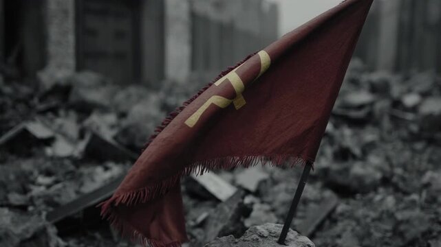Soviet flag waving in the ruins of a destroyed city. Red hammer and sickle flag amidst war rubble. Second World War Eastern Front concept