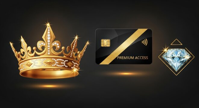 Golden crown, premium access card, and diamond icon symbolizing luxury and exclusivity.