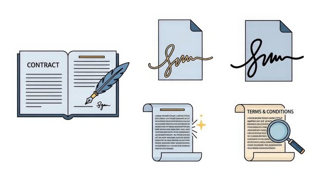 A collection of legal document icons including contracts, signatures, and terms and conditions for business agreements.