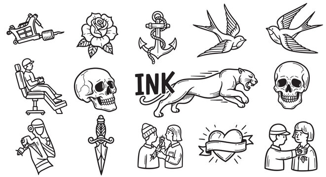 Traditional ink tattoo flash art set with bold outlines of panthers birds and hearts.