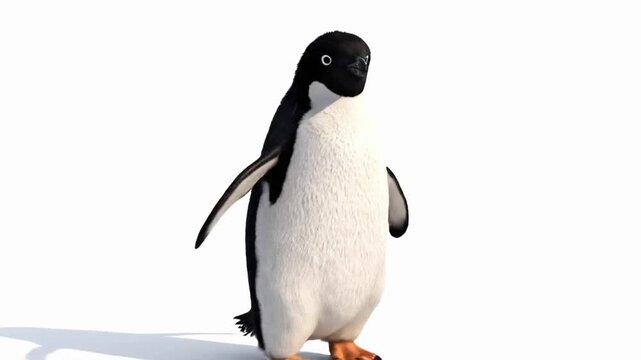 Penguin performs a dance with animated movements in a simple setting with 3D graphics and fur effects
