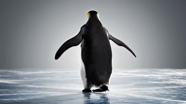 Penguin dances on ice in CGI animation with realistic fur rendering during winter in a snowy landscape