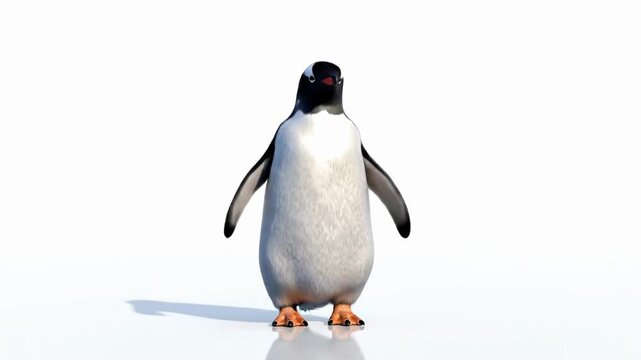 Penguin dances in a computer-generated fur render with smooth movements and playful motions in an empty, bright space