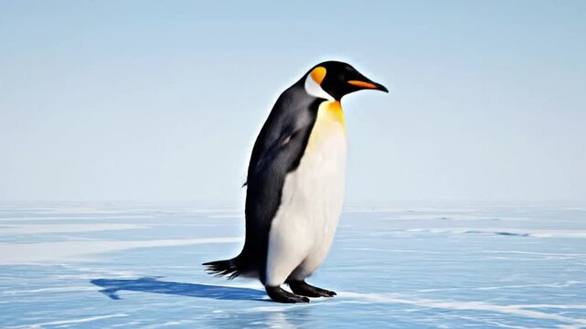 Penguin walks on ice while dancing in a cold environment in a computer-generated animation