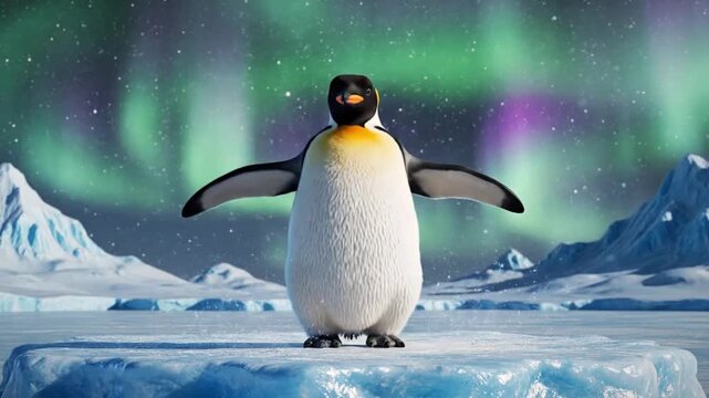 Watch a penguin dance under the northern lights in stunning CG animation with realistic fur rendering