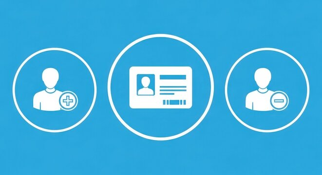 User management concept with icons for adding, identifying, and removing users, representing account creation, ID cards, and deletion processes.