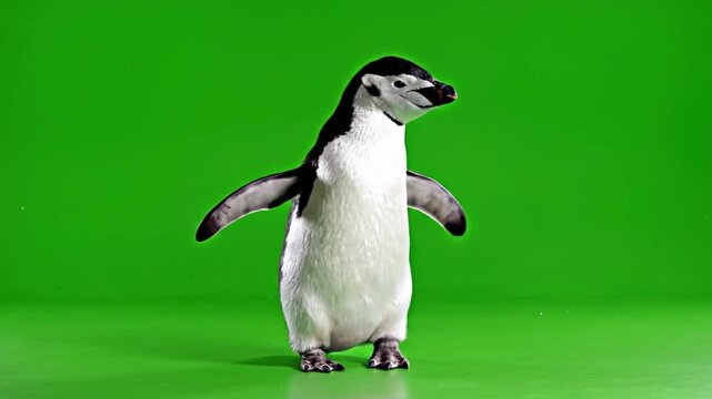 Penguin dances in colorful fur rendering on a green screen in a playful display at an animation studio