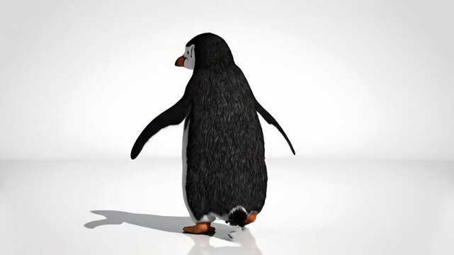 Penguins dance with fun movements in a playful environment using CGI and fur rendering techniques