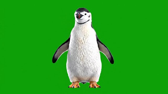 Cute penguin dances on screen in a lively animation with detailed fur and movements during a playful performance