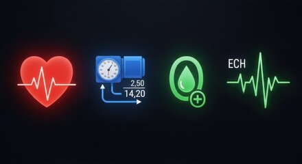 Fototapeta premium Glowing medical icons illustrating heart health, blood pressure monitoring, blood donation, and electrocardiogram diagnostics on a dark background.