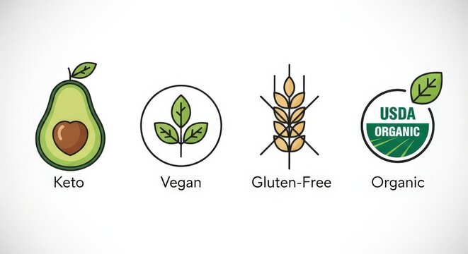 Four distinct dietary and lifestyle icons: Keto, Vegan, Gluten-Free, and USDA Organic, displayed in a clean, illustrative style.