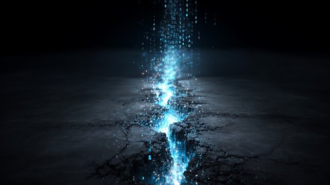 Abstract digital data stream emerging from a cracked dark surface representing futuristic technology innovation and breakthrough information network concepts