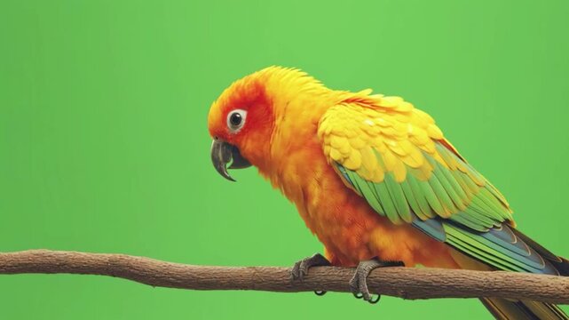 Vibrant sun conure parrot with orange and yellow feathers sitting on a wooden branch over green screen background