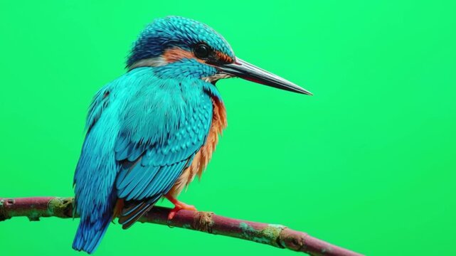 Beautiful common kingfisher with vibrant blue and orange plumage perched on a branch against a green screen background
