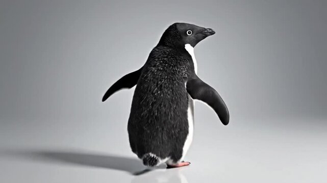 Penguin performs a dance in a studio setting with CG fur rendering around midday