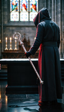 Hooded cleric holding an ornate silver crosier in a dark cathedral. Back view of a religious figure with crimson side lighting. Ornate staff and altar background