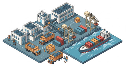 Obraz premium Isometric Port Scene with Cargo Ship and Cranes.