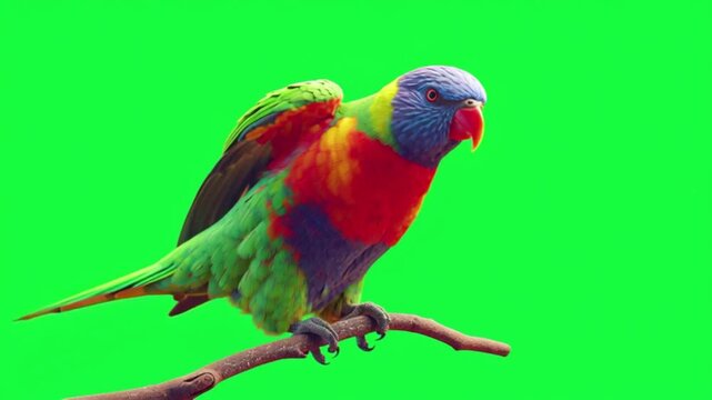Rainbow lorikeet bird perched on a branch against a vibrant green screen background