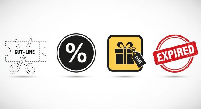A collection of four distinct icons representing various aspects of shopping, including coupons, percentage discounts, gift offers, and expired deals.