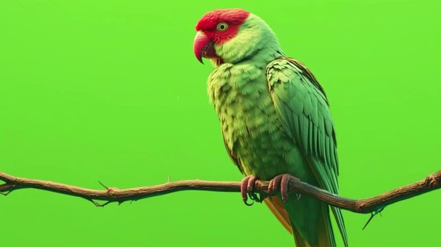 Green parrot with red head perched on a branch, studio shot on green screen background