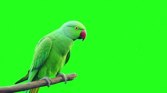 Green parrot perched on a branch against a vibrant green screen background