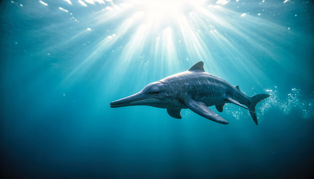 Ichthyosaurus swimming in deep teal ocean water. Prehistoric marine reptile gliding underwater illuminated by strong sunbeams