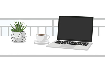 Fototapeta premium A minimalist workspace featuring a laptop, a cup of coffee, and a small potted plant on a white desk with a grey balcony railing background.