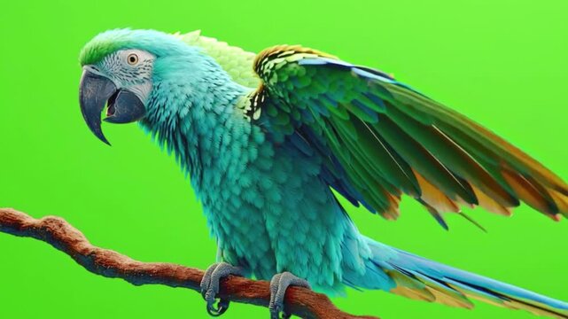 Beautiful blue and green macaw parrot perched on a wooden branch, exotic tropical bird on green screen background