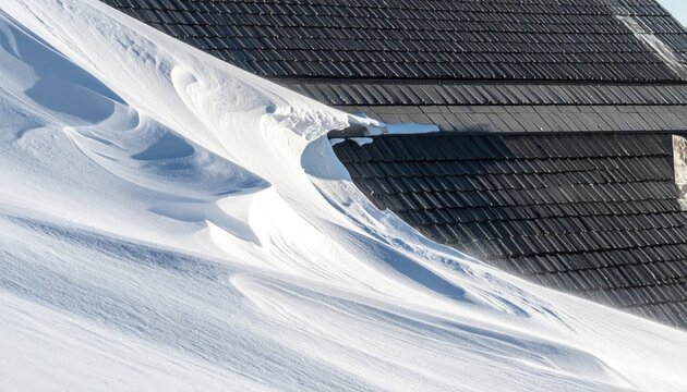 Snow-covered roof with dramatic snowdrifts in winter landscape