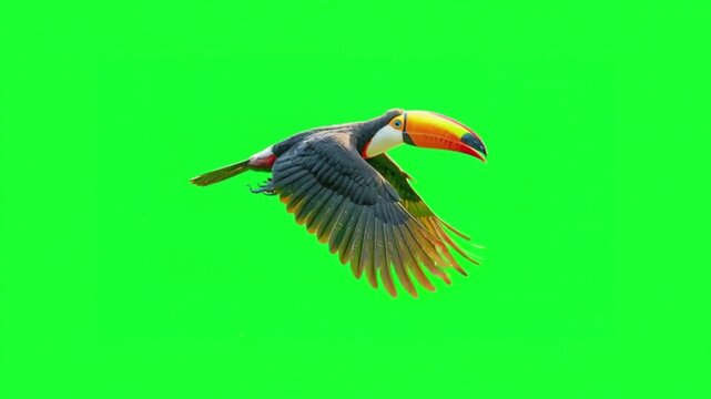 Toco toucan in flight against a vibrant green screen background, showcasing its colorful beak and outstretched wings